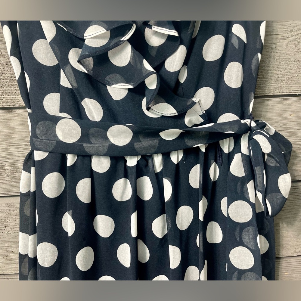 SALONI Flowy Sleeveless Navy Ruffle Wrap Dress with White Polkadots Sz 4 Summer - Picture 3 of 15